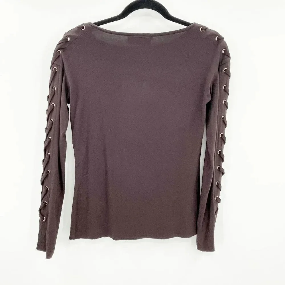 Bailey/44 Lace Up‎ Sleeve Casual Top Women's Size XS Brown Round Neck Pullover